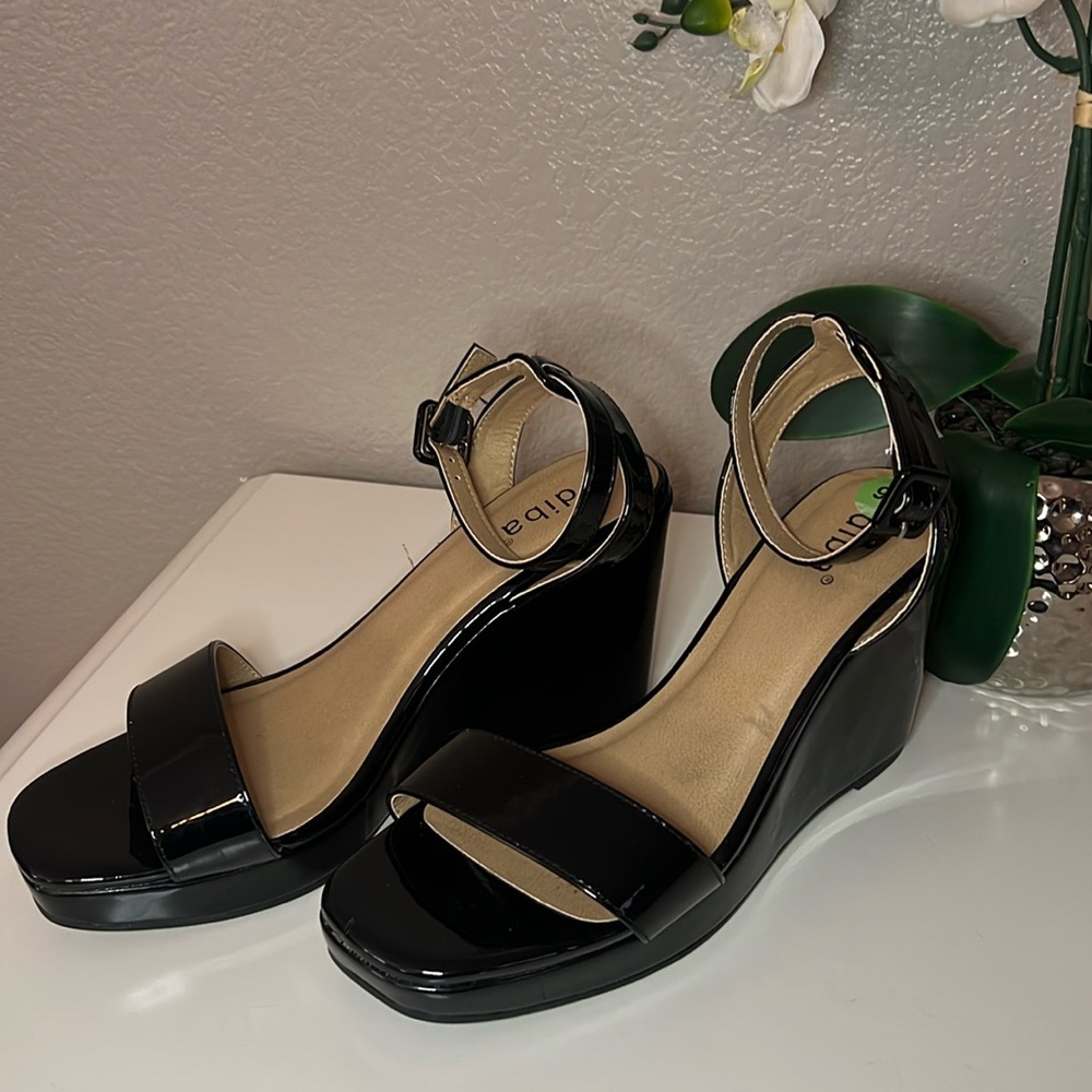 Diba Black Patent Wedge Sandals with Ankle Strap